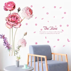 Stickers muraux de roses à l'aquarelle et lavande avec poésie pour décor de chambre