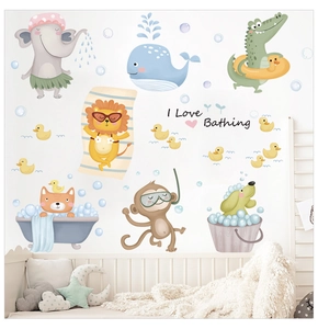 Detailed view of cute cartoon animal wall stickers with I Love Bathing theme for bathroom decor