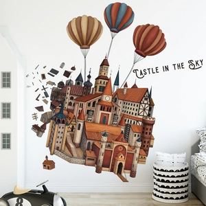 Sky Castle wall decal with hot air balloons and vintage architecture for kids' rooms