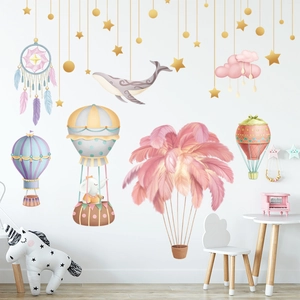 Stickers Muraux Rêveurs Montgolfière Plume Pour Chambre d'Enfant Éléphant Rose Baleine Décoration PVC Décalcomanies Amovibles