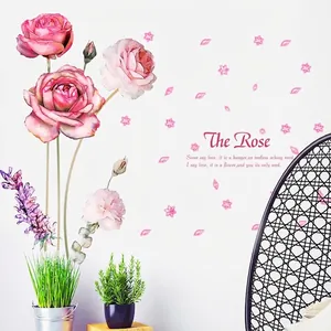 Sticker mural romantique rose à l'aquarelle avec lavande pour la décoration intérieure