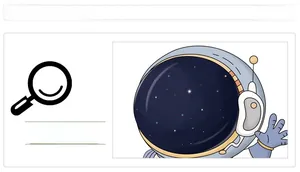 Detail of cartoon astronaut sticker with deep blue visor, stars, and golden spacesuit accents