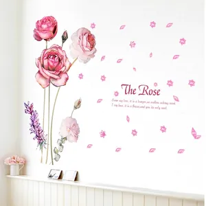 Stickers muraux aquarelle roses roses et lavande avec paroles de chanson romantiques