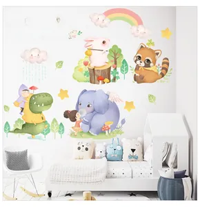 Detailed view of watercolor animal wall stickers including rabbits and rainbows in a nursery