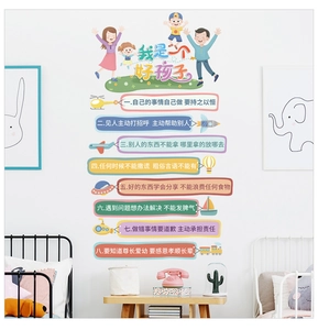 Macro view of student classroom wall stickers with family cartoons and 8 behavior rules