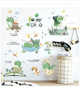 Detailed view of green cartoon dinosaur wall decals with motivational text for kids' rooms