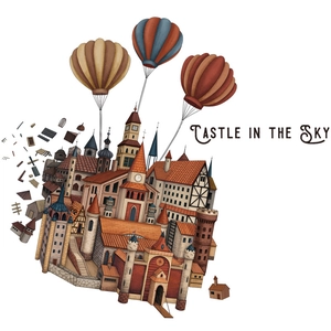 Nordic hot air balloon castle wall sticker for children's room decor on white background