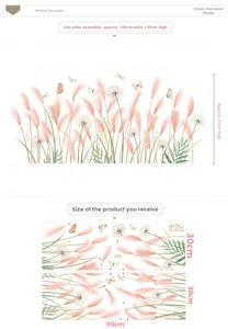 Detailed wall sticker layout with pink reed plants and white dandelions, 108x50cm size