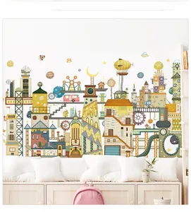 Creative steampunk city wall decal with hot air balloons and moon for kids room decor