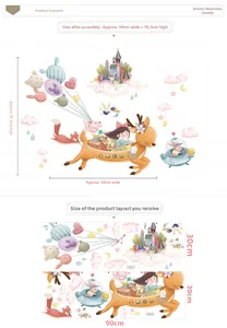 Detail view of cartoon deer and castle wall decals with layout and assembly dimensions