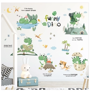 Detail of cartoon dinosaur wall stickers with funny Dino phrases in a kids room