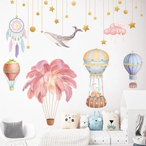 Stickers muraux montgolfière et baleine rose et bleu pour décoration de chambre enfant