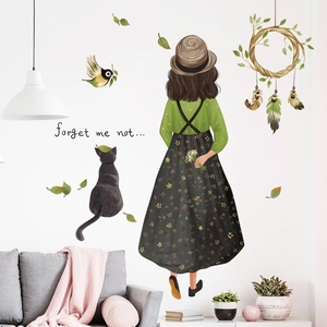 Sticker Mural Artistique Dos de Fille Jupe Fleurie Chat Noir Oiseau Feuille Décoration Maison DIY Papier Peint Imperméable