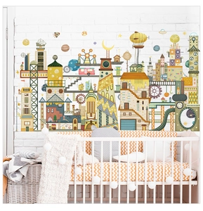 Detailed close-up of space and city hand-drawn illustration wall sticker for nursery