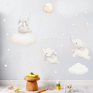 Cartoon elephant wall stickers with moon and stars for nursery and baby room decor
