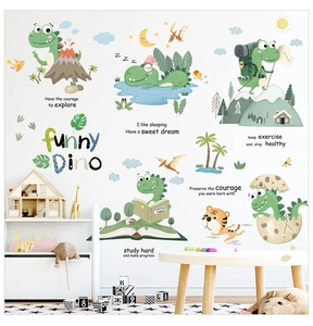 Detail showing cute green dinosaur wall decals with motivational slogans for kids' rooms