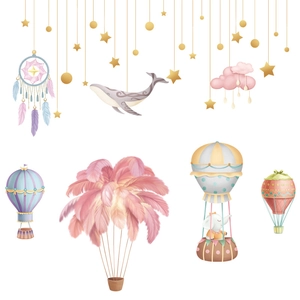 Stickers muraux aquarelle avec montgolfières et éléphants roses pour chambre d'enfant