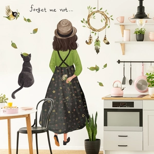 Stickers muraux artistiques avec fille au chapeau de paille et chat noir pour la maison