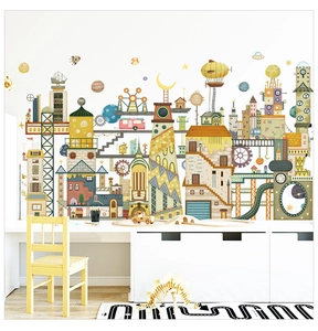 Detailed view of Nordic fantasy architecture wall stickers in a cozy kids' study area