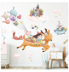 Detailed view of dreamy cartoon deer wall stickers with castle and rabbit motifs