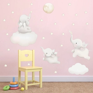 Cute white baby elephants with wings flying on clouds and stars wall stickers for kids nursery