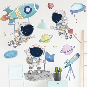 Cartoon astronaut and rocket space wall stickers for kids nursery room decor