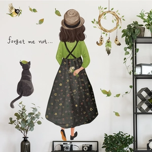 Stickers muraux avec fille de dos, plantes vertes et chat pour décoration d'intérieur