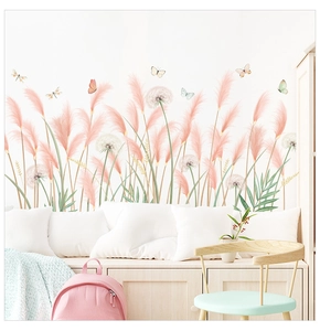 Detailed wall sticker featuring pink reeds, white dandelions and colorful butterflies