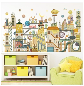 Detail of whimsical steampunk city wall stickers with hot air balloons and colorful buildings