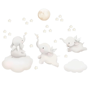 Nursery elephant wall stickers with angel wings, moon and stars in soft beige colors