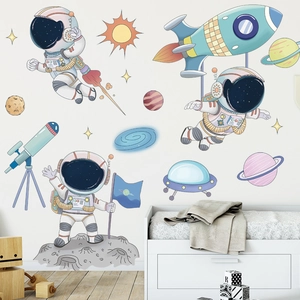 Cartoon astronaut and rocket space wall stickers for kids room decor in macaron colors