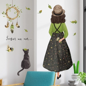 Stickers muraux artistiques avec dos de fille, chat, plantes et texte forget me not