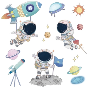 Cartoon space wall stickers with astronauts, rocket, UFO, and planets for kids room decor