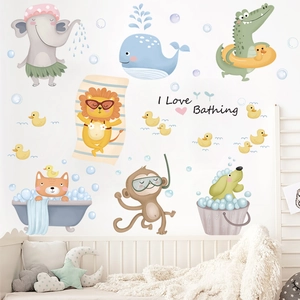 Cute cartoon animal wall stickers with elephant and whale for kids bathroom tile decoration