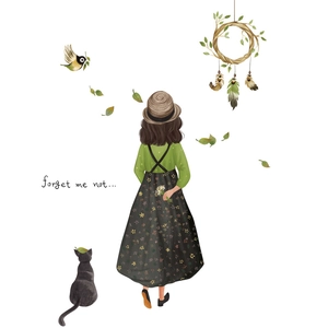 Sticker mural artistique avec illustration de fille, chat noir et décors végétaux