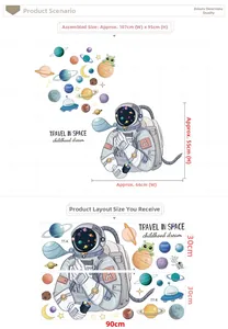 Detailed size guide for astronaut and planet wall stickers measuring 107x95 cm