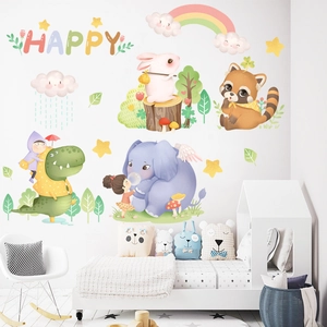 Cartoon animal wall stickers set featuring elephant, rainbow and HAPPY text for kids room