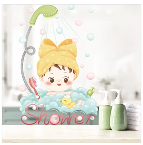 Detail eines wasserfesten Badezimmer-Wandstickers mit badendem Mädchen und Ente