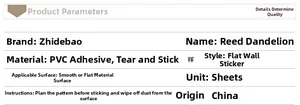 Detailed technical specifications table for PVC dandelion wall decal product