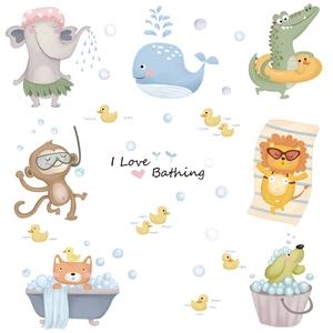 Waterproof wall stickers featuring cute cartoon animals bathing with bubbles and rubber ducks