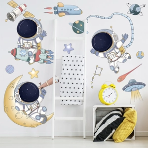 Cartoon astronaut and space planet wall stickers for nursery and kids room decor