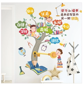 Educational growth tree wall decal with colorful cartoon students and school elements