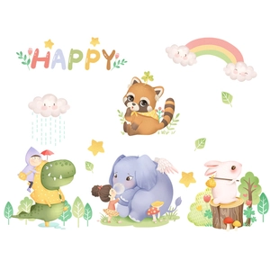 Cartoon animal wall decals with elephant, raccoon and rainbow for kids' nursery decor