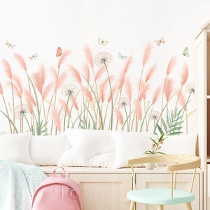 Pink Reeds White Dandelion Wall Stickers With Butterflies PVC Waterproof Self Adhesive Art Decals For Living Room Bedroom Home Decor