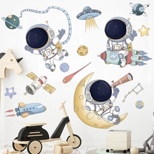 Cartoon astronaut and spaceship wall decals set for kids' bedroom space theme decor