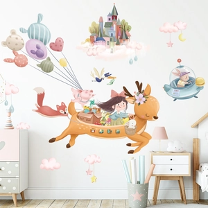Cartoon forest wall stickers with girl riding a deer, clouds and colorful balloons