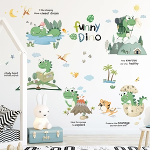 Cute cartoon dinosaur wall stickers set for nursery room with funny green dino designs