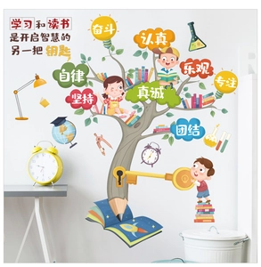 Detail of knowledge tree wall decal featuring books and pencils for classroom decor