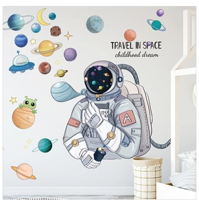 Nursery wall decals featuring astronauts and planets with Travel in Space text