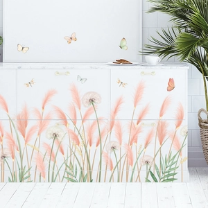 Pink reed and dandelion wall stickers with butterflies for fresh bedroom interior decoration